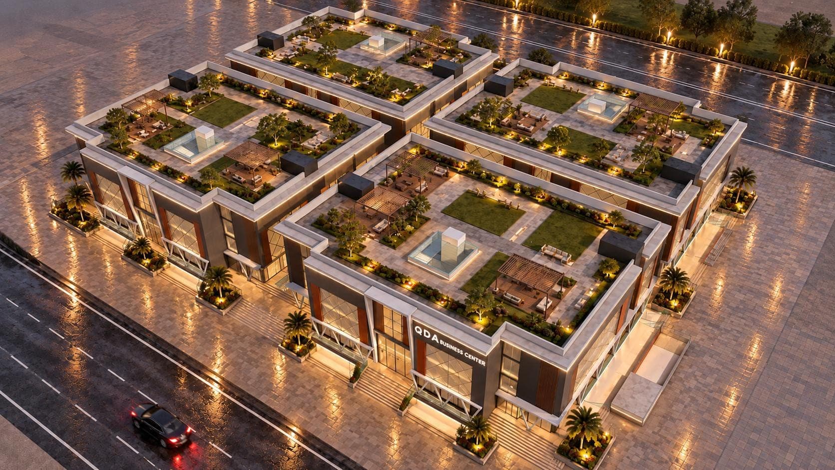 The QDA Business Center from above, showing four blocks set around planted rooftop courtyards
