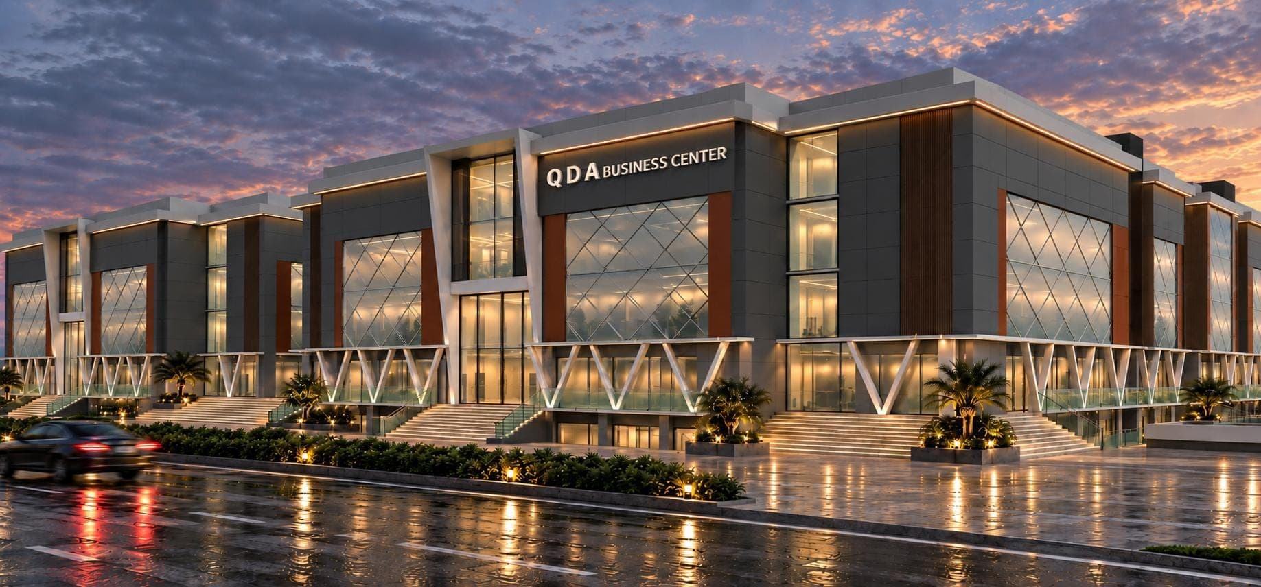 The same corner of the QDA Business Center in the terracotta and charcoal material scheme