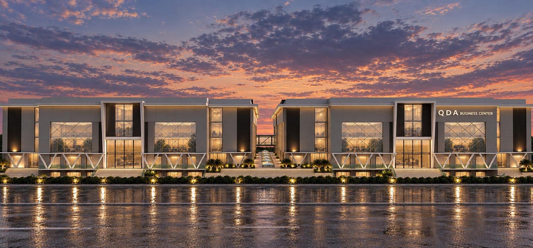 The QDA Business Center straight on, symmetrical, with the planted walkway running between the two blocks
